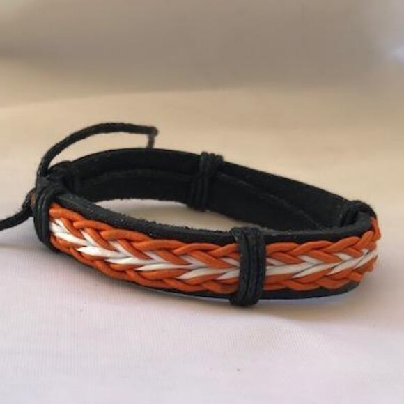 Orange White & Black Braided Leather Handmade Bracelet Adjustable Wristband - Picture 1 of 1